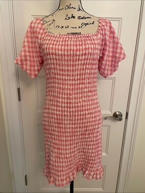 Pink Lily Smocked Pink Gingham Midi Dress with Square Neck